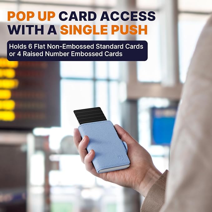 Pop Up Wallet for Women | RFID Blocking Slim Card Holder for Small Purse & Crossbody Bag | Compact Aluminum Wallet | Holds 4–6 Cards | Saffiano Sky Blue - Image 3