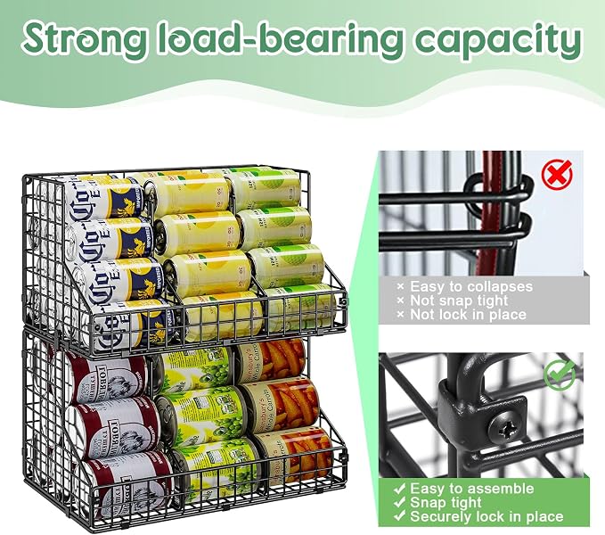4 Pack Stackable Can Rack Organizer for Pantry Storage,Can Dispensers with 4 Adjustable Dividers, 2-Tier Metal Wire Basket Holds up to 84 Cans for Kitchen Cabinet Pantry, Black - Image 6