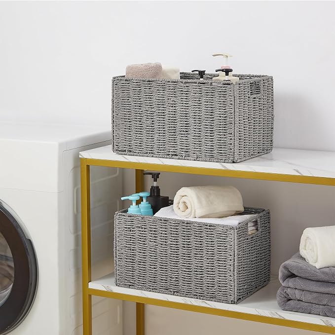 Wicker Storage Basket, Set of 2 Hand-Woven Paper Rope Wicker Basket, Small Storage Baskets for Organizing Toilet Paper Basket, Foldable Large Cube Storage Organizer Bins for Shelves (Grey) - Image 3
