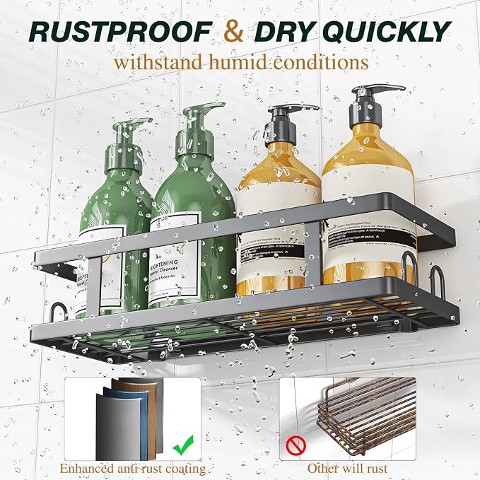 Youvip Adhesive Shower Caddy, Black, 3 Pack | Shower Shelves, Soap Holder and 12 Hooks, Rustproof, No Drilling, Bathroom Organizer and Storage - Image 3