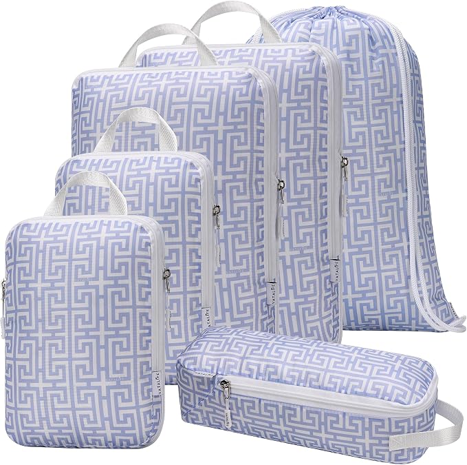 Compression Packing Cubes for Travel 6pc Set with Laundry Bag/Backpack-Luggage Organizers for Suitcase-Lightweight Compressible - Light Blue Boho - Image 9
