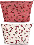 SOIDRAM 2 Pieces Rose Makeup Bag Large Corduroy Cosmetic Bag Capacity Canvas Travel Toiletry Bag Organizer Cute Makeup Brushes Aesthetic Accessories Storage Bag for Women, Rose L White Pink by SOIDRAM