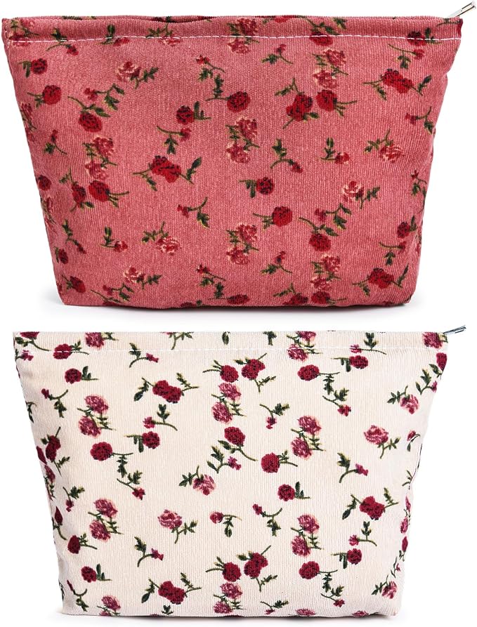 SOIDRAM 2 Pieces Rose Makeup Bag Large Corduroy Cosmetic Bag Capacity Canvas Travel Toiletry Bag Organizer Cute Makeup Brushes Aesthetic Accessories Storage Bag for Women, Rose L White Pink by SOIDRAM