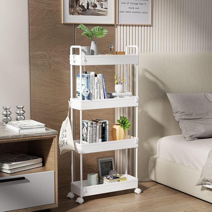 SOLEJAZZ Slim Rolling Storage Cart Skinny Bathroom Organizer, 4 Tier, White | Thin utility cart with wheels for bathroom, laundry room, bedside, kitchen, dorm, office, next to fridge, small narrow places - Image 6