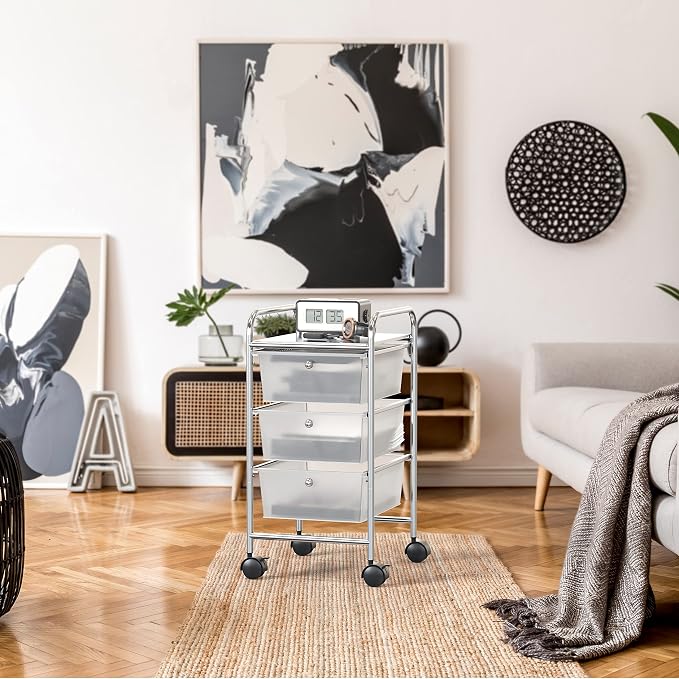 Simple Houseware 3 Drawers Rolling Utility Cart Art Craft Organizer, Chrome | 1-Column, 25.4" Height, Lockable Wheels, for School, Office, Art Craft, and Paper Storage - Image 6