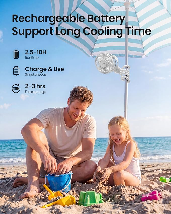 Gaiatop Mini Portable Stroller Fan, Small Clip on Fan 3 Speed Rechargeable | 360° Rotate Flexible Tripod, Battery Operated Detachable, Cooling for Car Seat Crib Treadmill Travel White - Image 5