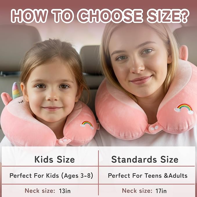 Memory Foam Kids Travel Neck Pillow for Ages 9+, Removable Cover, Unicorn | Machine washable, 17 in neck size for teens and adults, 360-degree head and chin support, car and airplane use - Image 2