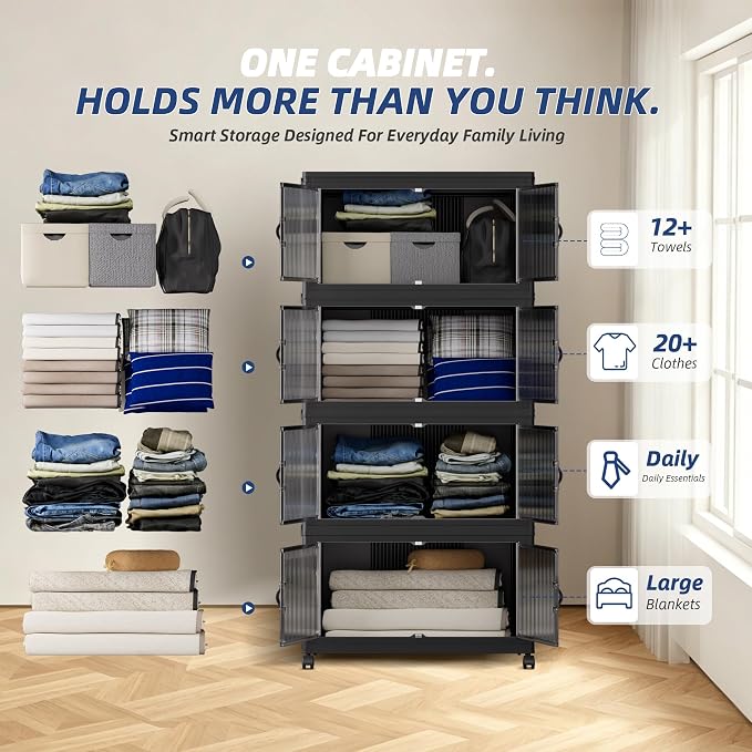 SAILUN 116Gal/464Qt Stackable Storage Bins Folding Collapsible Storage Bins with a Lid, Closet Organizers and Storage,Black 26" W x 17" D x 56.7" H | Stackable Storage Drawers with Lids,26" W x 17" D x 56.7" H,Featuring open-front Access for Closet Sto... - Image 3