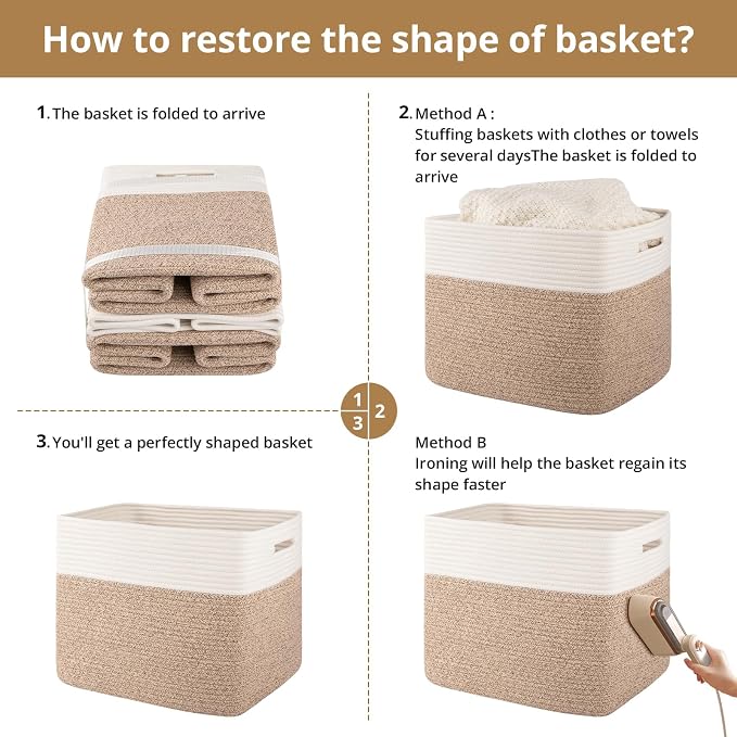 OIAHOMY 13 Inch Cube Storage Bins, 3-Pack Cotton Rope Woven Baskets for Organizing, Insert Storage Baskets for Shelves, Baby Nursery, Closet Organizer, 15 * 13 * 12.6IN, Brown & White - Image 7