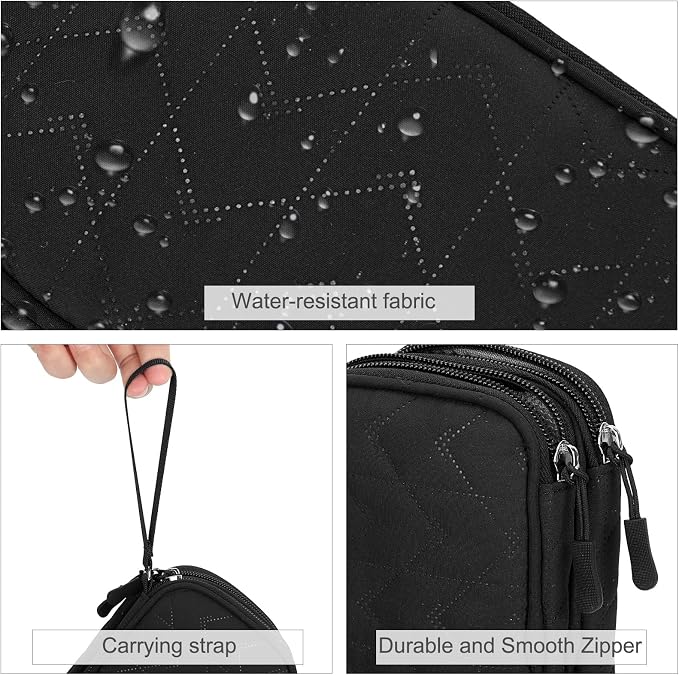 FYY Electronic Organizer, Travel Tech Pouch, Cable Organizer Black Quilted | Wrist Strap, Waterproof, Double Layers Portable Electronics Travel Carrying Case for Cord, Charger, Daily Business Trips Use - Image 4