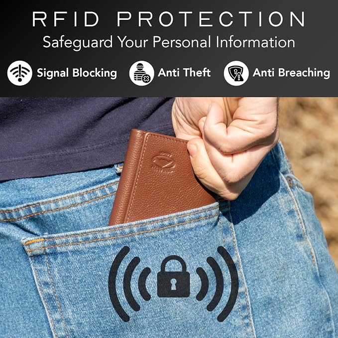 Stealth Mode Trifold Leather Wallet for Men with RFID Blocking | Brown Pebble Top Grain Napa Leather, 9 Card Slots, ID Window, Gift Box – Gift for Dad, Husband, or Son - Image 4