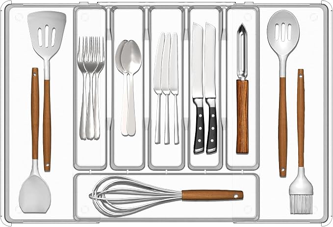 Silverware Drawer Organizer, Expandable Utensil Tray for Kitchen Drawers,BPA Free Flatware and Cutlery Holder,Adjustable Plastic Storage for Utensil like Spoons, Forks, Knives.Clear by Baosia