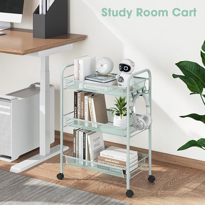 TOOLF 3 Tier Rolling Cart, Metal Utility Storage Cart with Wheels, Green | 3 Hooks, Screwless Assembly, Trolley Organizer for Bathroom, Kitchen, Office, Nursery, Dorm, Laundry Room - Image 5