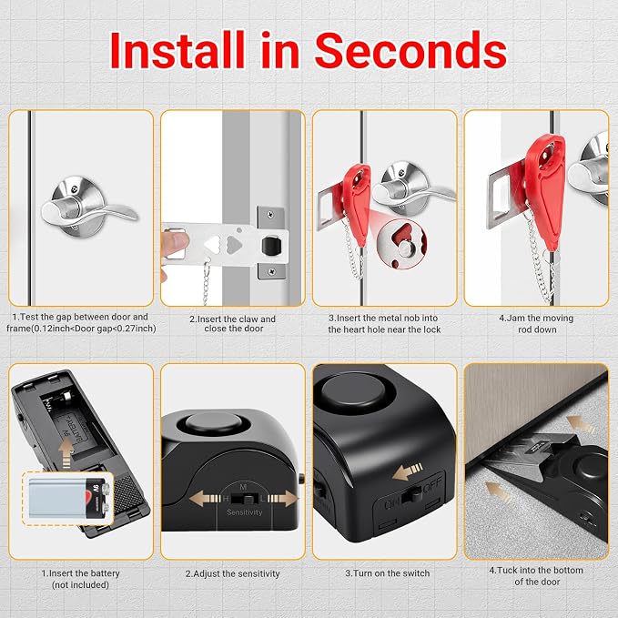 Portable Door Lock and Door Stop Alarm, Hotel Travel Security Set for Home | Hotel Safety Device for Door Security, Portable Lock for Hotel Room, Apartment, College Dorm and Travel - Image 7