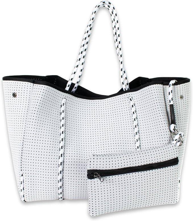 POPUPS Large Neoprene Tote Bag for Women - Everyday Designer Handbag for Travel Work and Beach with Pockets and Zipper Pouch by POPUPSBrand