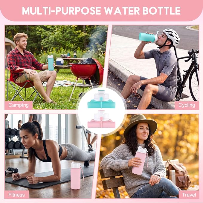 LemonRoad 2 Pcs 19 oz Silicone Collapsible Water Bottle, Pink Green | Portable Foldable Water Bottle, Leakproof, Carabiner, Reusable, Lightweight, for Travel Sport Hiking Camping Cycling Office - Image 6