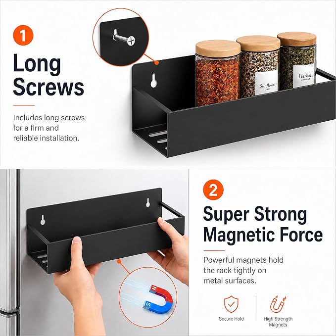 SMRCAD 6 Pack Metal Magnetic Spice Rack for fridge, Heavy Duty | Iron + Magnet | Holds 9 lbs per shelf | Full-back magnets | Screws included | Climate Pledge Friendly - Image 3