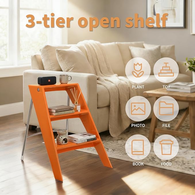 HOTEAGLE Modern Folding Chair - Multifunctional Design Doubles as Step Stool & Storage Shelf, Sturdy Engineering Plastic for Kitchen, Dining & Bistro,Orange - Image 7