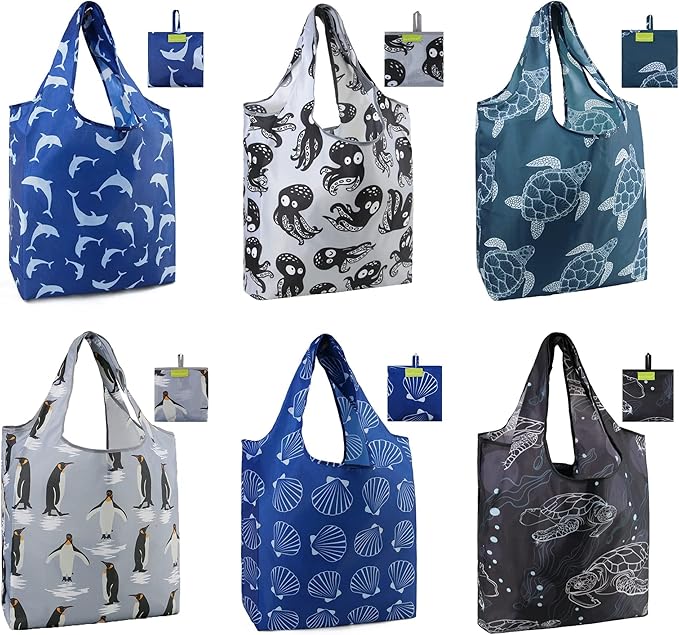 BeeGreen Animal Reusable Shopping Bags Cute Grocery Bag 6 Pack, Christmas Gift Bags Heavy-Duty Foldable Shopping Totes for Supermarket, Work & Travel, Large Washable Polyester Tote Bag with Handles by BeeGreen