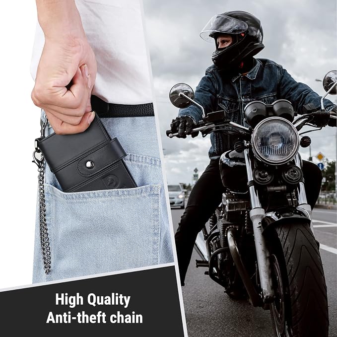 bill heart Chain Wallets for Men, RFID Blocking Genuine Leather Wallets with Anti-Theft Chain - Image 3