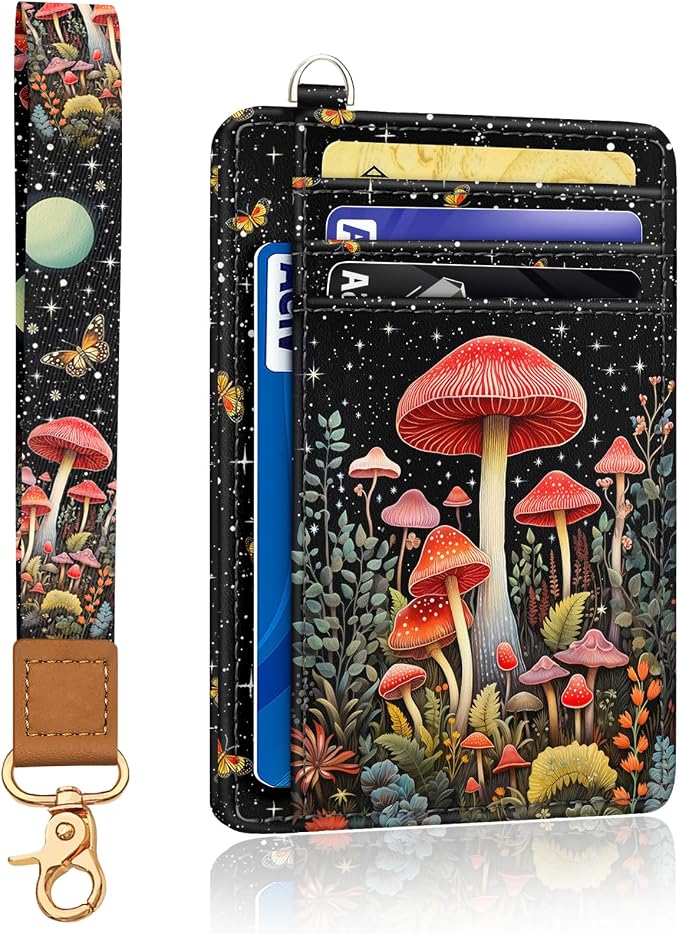 Yonlevres Mushroom Credit Card Holder Slim RFID Wallet Women Wristlet Small | Front Pocket, Handy, RFID Blocking, Woman Girls Ladies Gifts, D-ring for Keychain,Thin Mini Card Case, ID Window, PU Leather by Yonlevres