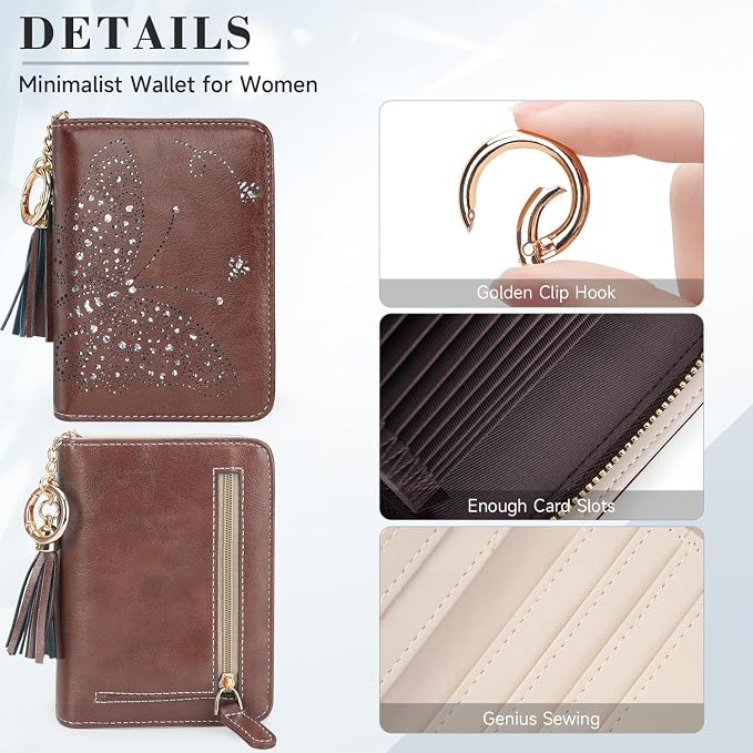 KITEVIUN Women RFID Blocking Small Bifold Wallet, Compact Cash Clutch with Zipper Coin Pocket, Glittery Butterfly Design, Credit Card Holder, Travel Purse with Tassel COFFEE - Image 5