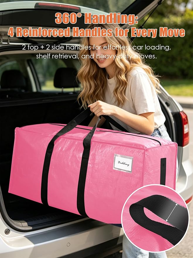 SWEET DOLPHIN 8 Pack 200LB Heavy-Duty Moving Bags with Wrap-Around Handles, Extra Large Storage Totes for Space Saving, Clothes Storage Bags, College Dorm Essentials, Pink, 24 Gal - Image 5