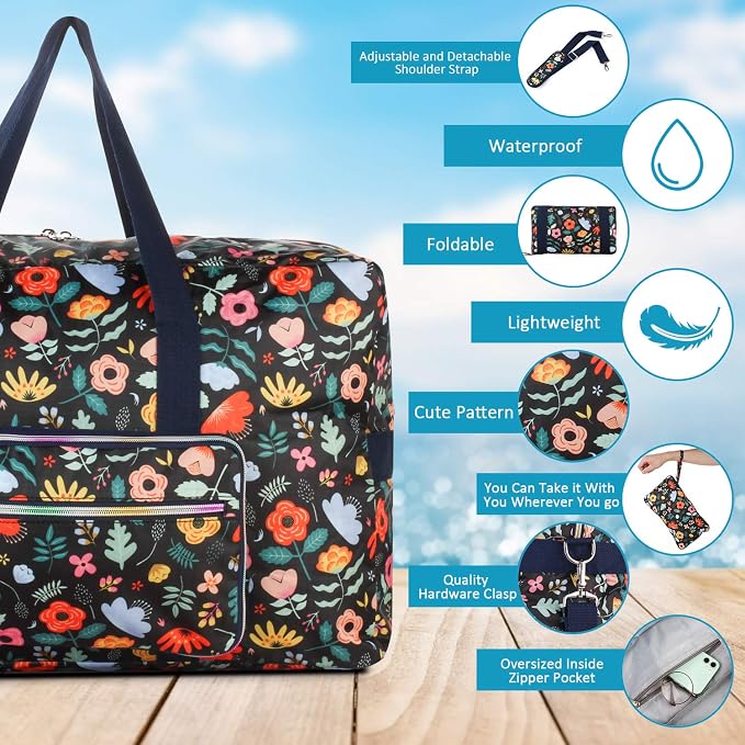Travel Foldable Waterproof Duffel Bag - Lightweight Carry on Luggage Tote Duffel Bag(Black Floral) - Image 4