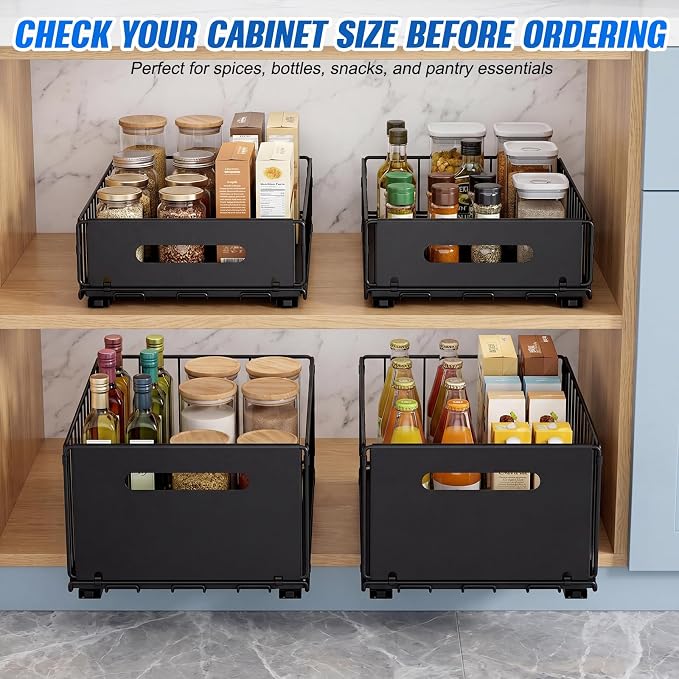 Pull Out Cabinet Organizer, No Drill Slide Out Pantry Drawer 2 Pack | Heavy Duty Carbon Steel Wire Basket, Adhesive Install, Low Profile Foldable, 9.44 x 3.54 in, Kitchen Pantry Bathroom - Image 8