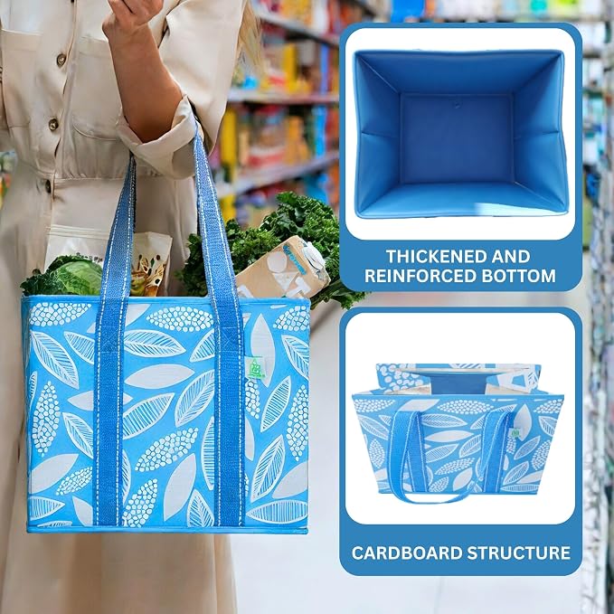 VENO 3 Pack Heavy Duty Reusable Grocery Shopping Bags Utility Tote | Water Resistant, Storage Box with Sturdy Handles & Hard Bottom, Foldable for Groceries Shopping Cart(Spring Breeze, 6 Gallon) - Image 4