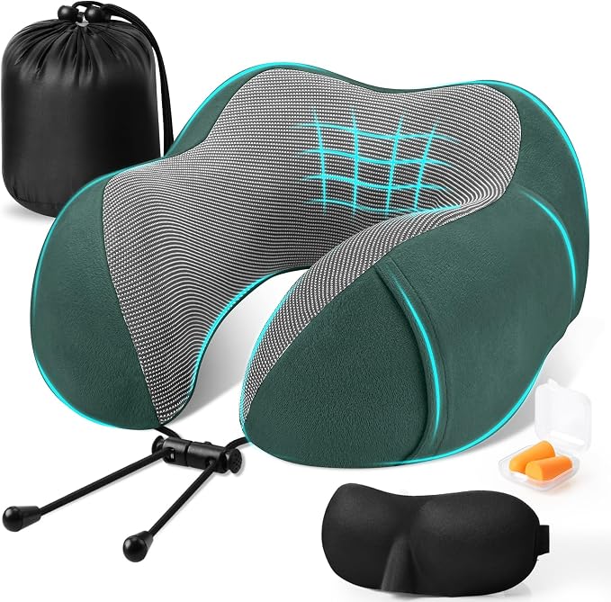 CloudBliss Neck Pillow for Sleeping, Memory Foam Travel Pillow, Green | Travel Neck Pillow for Long Flight, Train, Car & Office, Plane Travel Accessories with Eye Mask, Earplugs, Storage Bag by CloudBliss