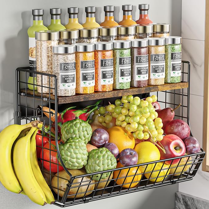 Magnetic Shelf for Fridge with Wood Lid, Fruit Potato and Onion Storage Bins, Pantry Organizers and Storage, Strong Magnetic Spice Rack for Refrigerator, Kitchen Counter and Laundry Room (X-Large) by Unknown