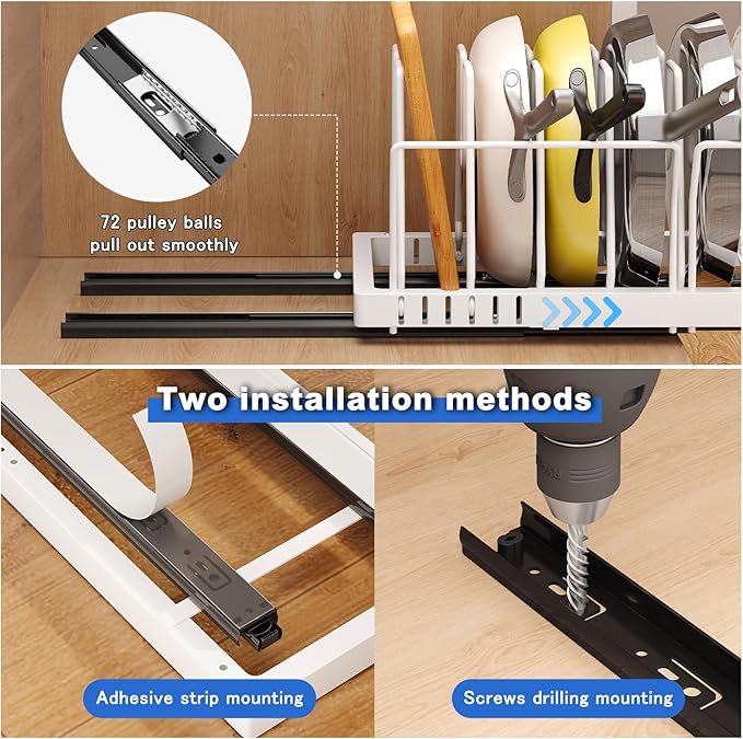 Mustorn Pots and Pans Organizer Under Cabinet, 21.6" Deep Pull Out Pot Lid Organizer Holder with Guardrail Adhesive Pot and Pan Holder Rack with 10 Adjustable Dividers-1 Pack(White) - Image 4