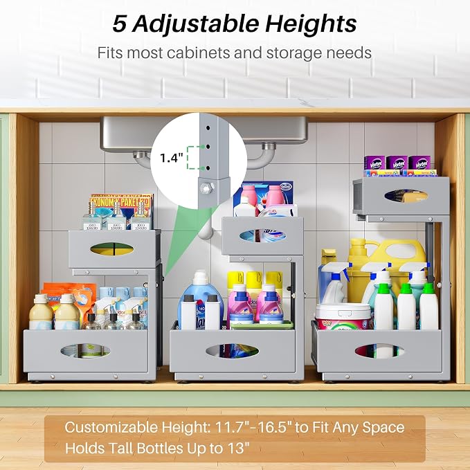 Under Sink Organizer, 1-Pack Pull Out Cabinet Organizer 2 Tier Metal Slide Out Storage Shelf Rack, L-Shaped Adjustable Height,Mesh Sliding Drawer for Kitchen, Bathroom, Laundry, Pantry, Grey, XL - Image 5