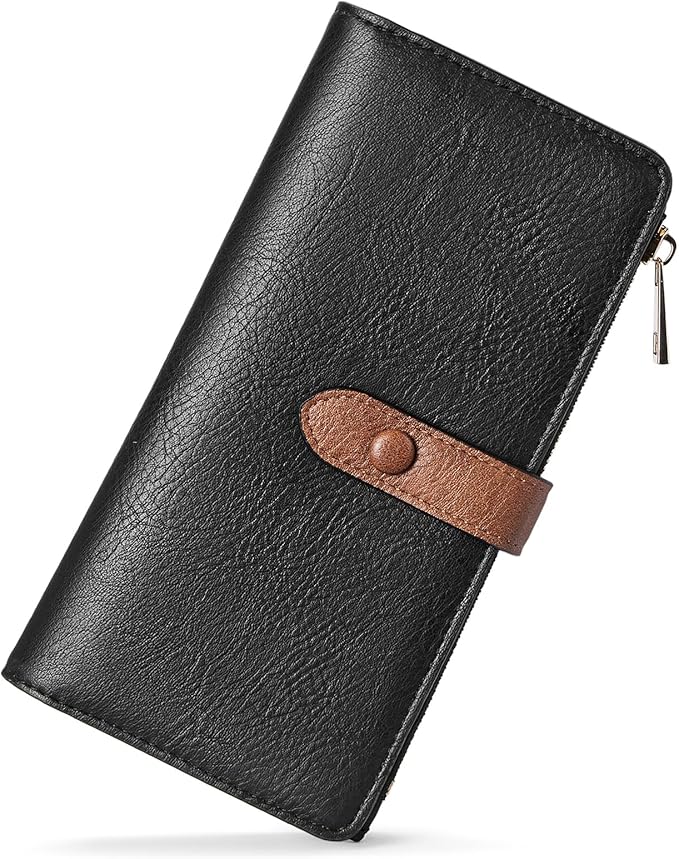 BOSTANTEN Womens Leather Wallet RFID Large Capacity Credit Card Holder | 4 ID Windows, 16 Card Slots, Zipper Coin Pocket, Clutch Wallet, Long Bifold, Ladies Gifts, Black＆Brown by BOSTANTEN