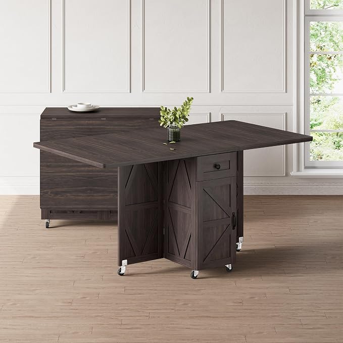 Space Saving Folding Dining Table for 2-4, Farmhouse Foldable Dining Table with Drawer and Storage Shelf, 6 Wheels Drop Leaf Kitchen Dining Room Table for Small Space (Walnut 47.2" x 23.6" x 29.5") - Image 9