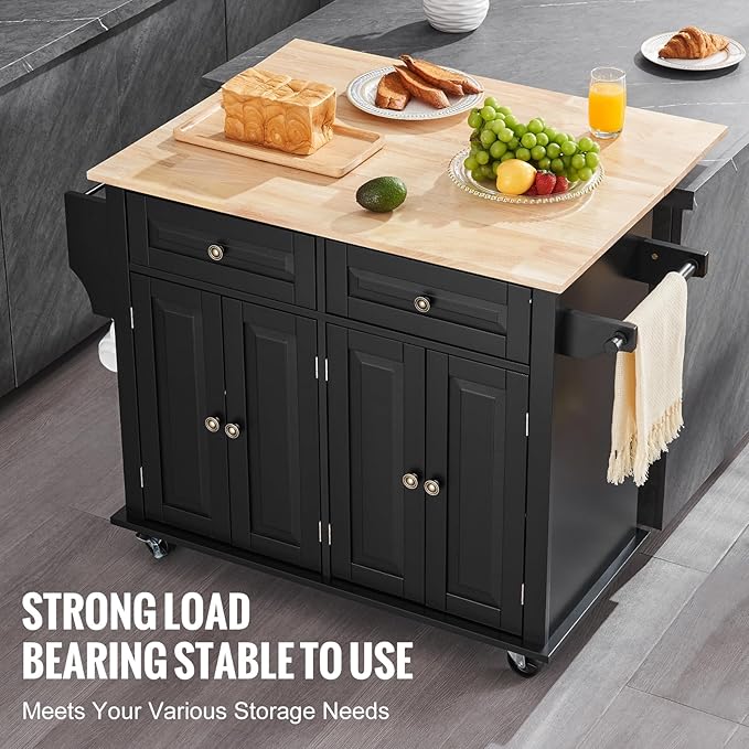 VEVOR Kitchen Island Cart, 35" Wood Top Mobile Carts with Storage Cabinet, Rolling Table with Drop Leaf, Spice Rack, Towel Bar, Adjustable Shelf, Drawer, and Hooks, Portable Islands on Wheels, Black | Rolling Table with Drop Leaf, Spice Rack, Towel Bar... - Image 6