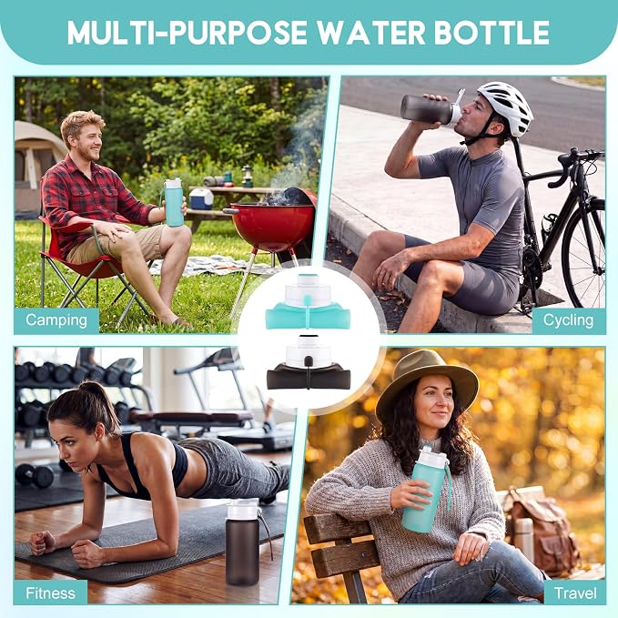 LemonRoad 2 Pcs 19 oz Silicone Collapsible Water Bottle, Green Gray | Portable Foldable Water Bottle, Leakproof, Carabiner, Reusable, Lightweight, for Travel Sport Hiking Camping Cycling Office - Image 6
