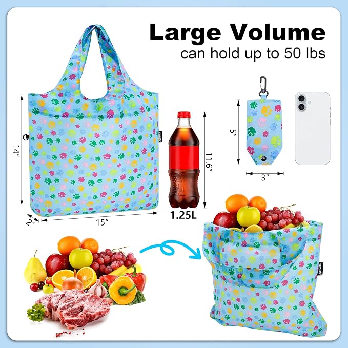 HOLYLUCK Reusable Grocery Bags,Heavy Duty Foldable Shopping Tote Bag (Standard, 3 Blue Dog Paw Prints) - Image 3