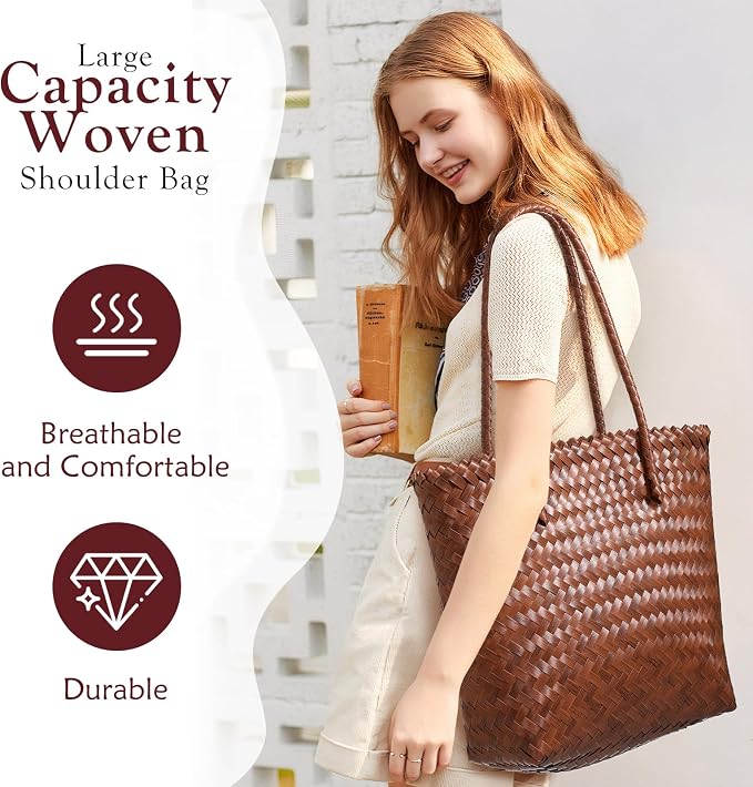 Tavaleu Straw Beach Bags for Women Tote Handbag Shoulder Hobo Bucket Bag | Lightweight, Foldable, PU Straps, Magnetic Closure, Zip Pocket, Reinforced Bottom, Summer Purse, Travel, Vacation, Daily Use - Image 4