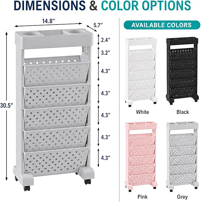 BYFU 6-Tier Rolling Bookshelf Cart, Grey | Movable with Wheels, File Paper Storage Organizer, For Home Office Study Classroom - Image 3