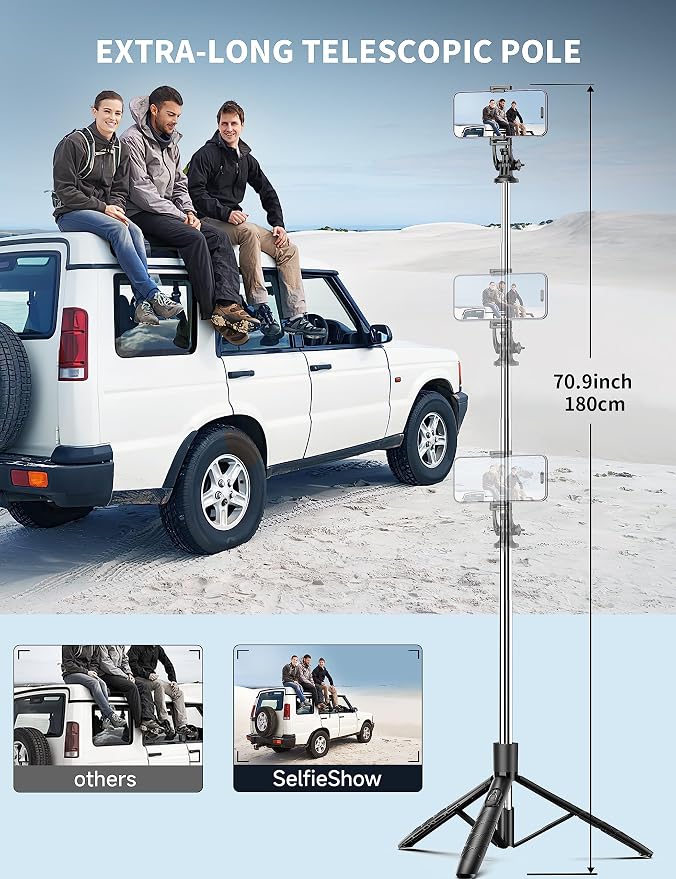 71" Phone Tripod & Selfie Stick, All in One Extendable Cell Phone Tripod with Wireless Remote, Tripods Stand for iPhone & Travel Selfie Stick 360° Rotation Compatible with iPhone Android, Camera - Image 2