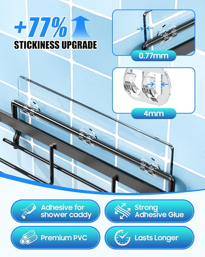 9 Pack Shower Caddy Adhesive Replacement, Strong Waterproof Transparent Adhesive Strips, No Drilling Shower Shelf Adhesive Hooks for Bathroom Shelves, Corner Basket, Soap Holder & Kitchen Racks - Image 5