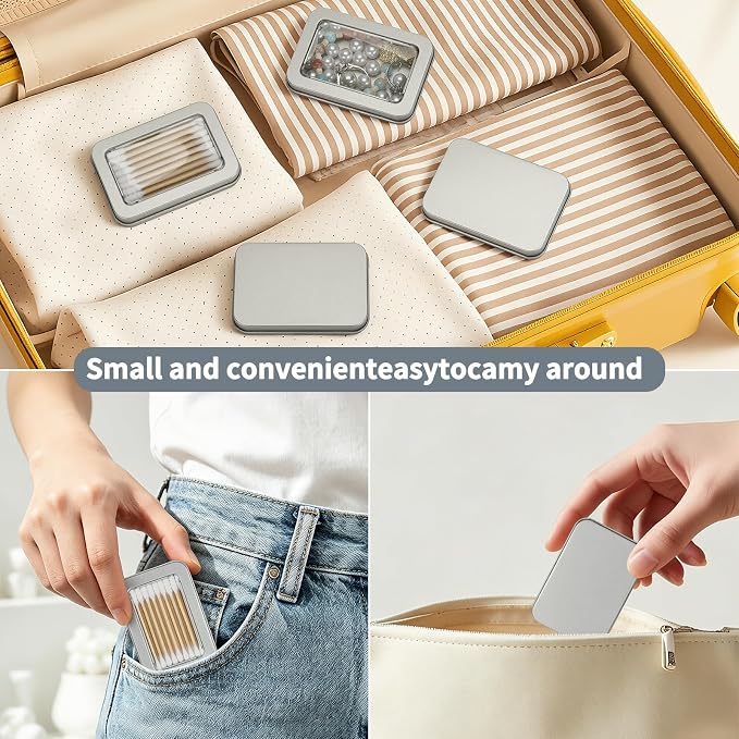HAOGUAGUA 4 Pcs Travel Containers - Qtip Travel Case and Floss Pick Holder Box, Portable Cotton Swab Organizer Dispenser with Dustproof Lid for Hair Ties Cotton Pad jewelry Small Items (Silver) - Image 6