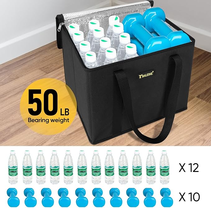 BALEINE 1PK Insulated Reusable Grocery Bag, Heavy Duty Shopping Tote | Foam & Foil Insulation, 9" Long Handles, Reinforced Bottom Keeps Upright, Fold Flat Storage, Water-Resistant Shopping Bag - Image 6