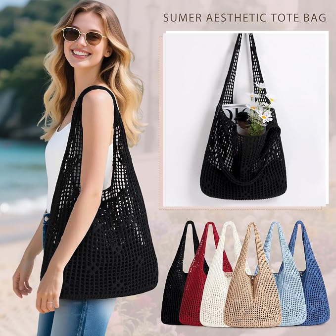Sightor Crochet Tote Bag, Mesh Beach Bag Knit Summer Hobo Bag for Women | Beach Tote bag Vacation Outfits Aesthetic Boho Bag - Image 6