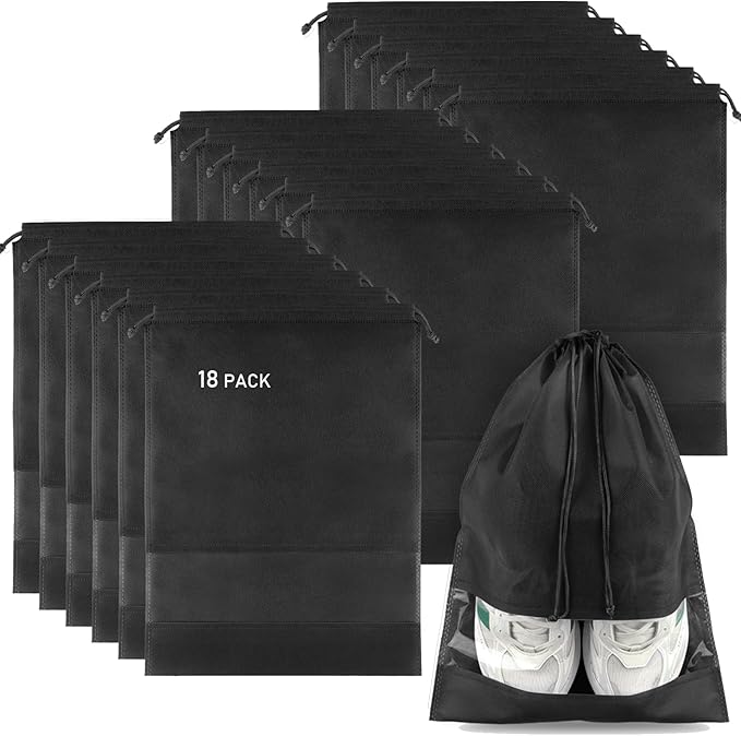 COIDEA 18 Pack Shoe Bags for Travel, Large Travel Shoe Bags for Packing | with Clear Window, Dustproof Drawstring Travel Shoe Storage Bags Travel Essentials for Men & Women, Black by COIDEA