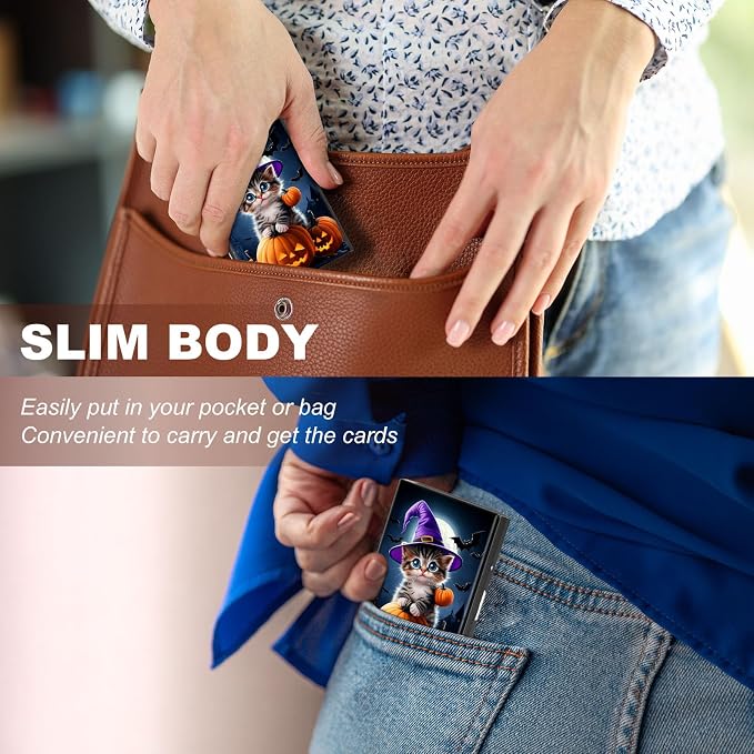 Metal Wallet,Credit Card Holder for Women,Slim RFID Blocking Credit Card Holder Thin Aluminum Wallet ID Case,6 Slot Business Mini Hard Metal Case for Women/Men,Cat Halloween Pumpkin - Image 4