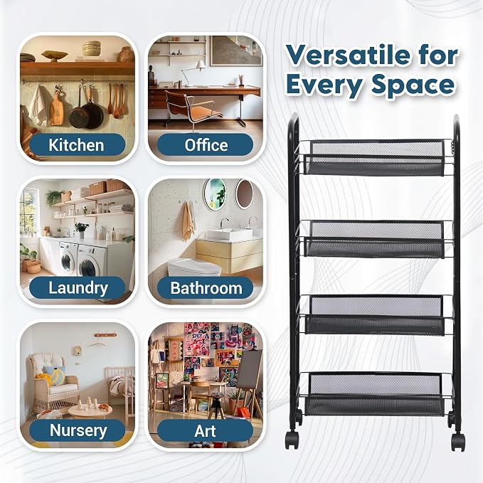 LOFTEY 4 Tier Rolling Cart, Small Metal Utility Cart with Wheels, Black | 10.2" Slim Width, Four Mesh Baskets, 15 lb Load Capacity per Basket, Tool-Free Assembly, Ideal for Bathroom & Snack Storage - Image 7