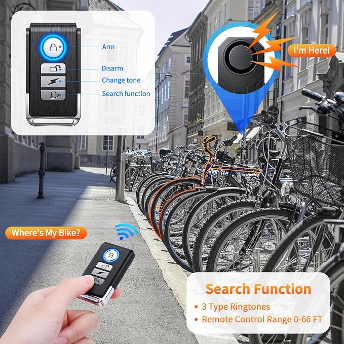 WSDCAM 113dB Wireless Bike Alarm with Remote, Rechargeable Bicycle Alarm System Anti Theft, IP65 Waterproof, 3 Volume Bike Alarms for E-Bikes, Motorcycles, Scooter, Outdoor Riding and Cycling Safety - Image 5